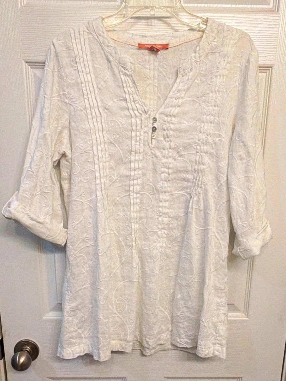 Marina Luna White Embroidered Pintuck Tunic 100% Linen Large